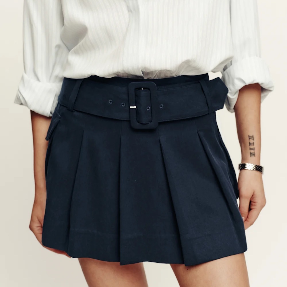 Reformation Brinley Midnight Navy Pleated Belt Mini Skirt Size 8